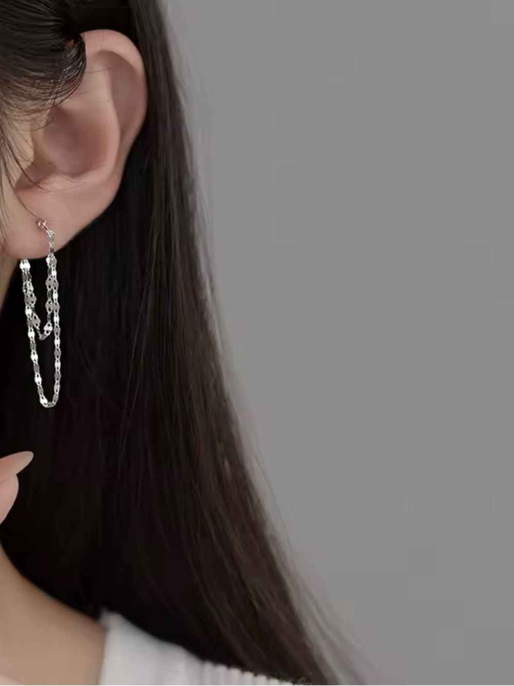 Sterling Silver Double Chain Drop Earrings - Silver